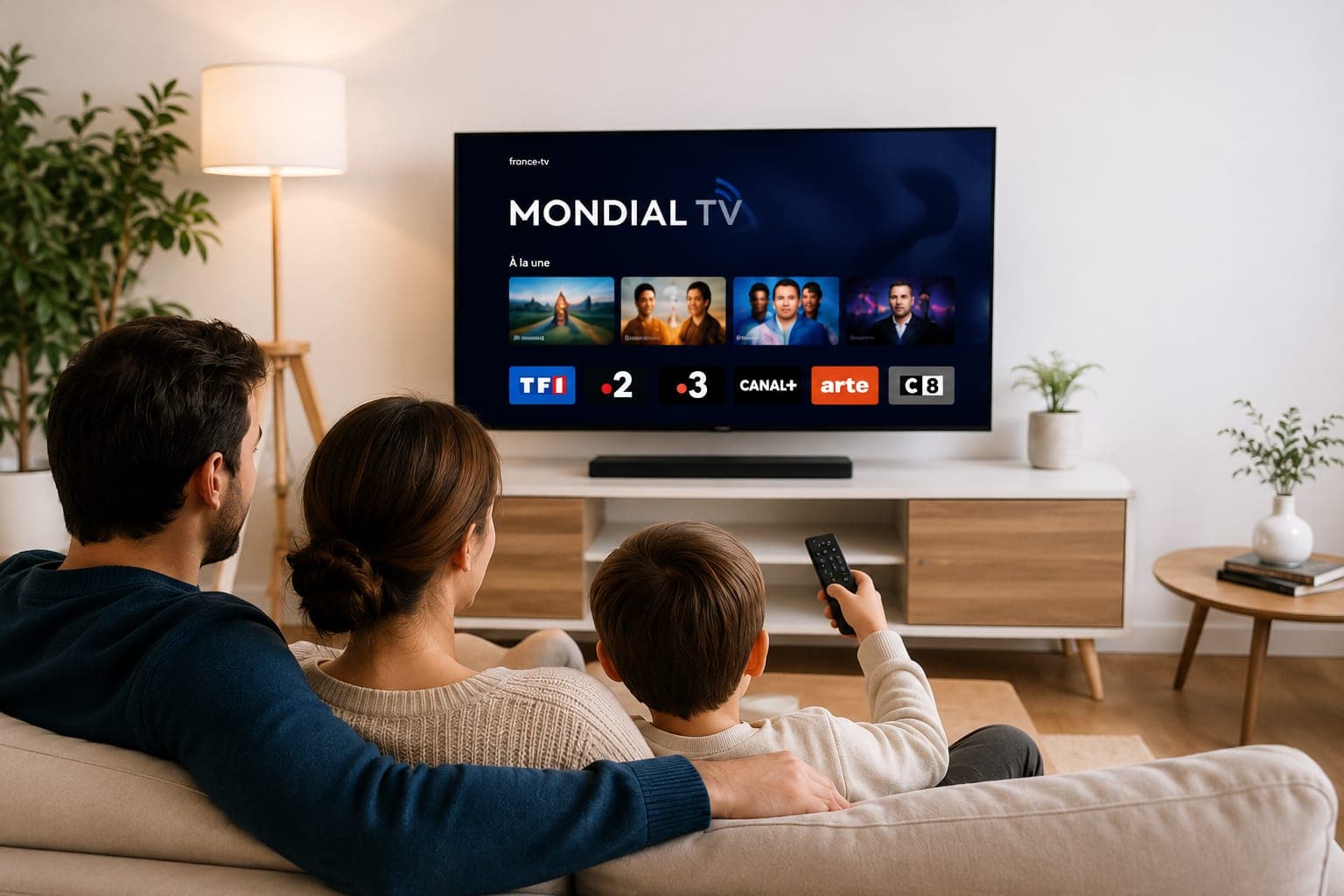 Une famille regarde Mondial TV sur sa télévision, à la maison