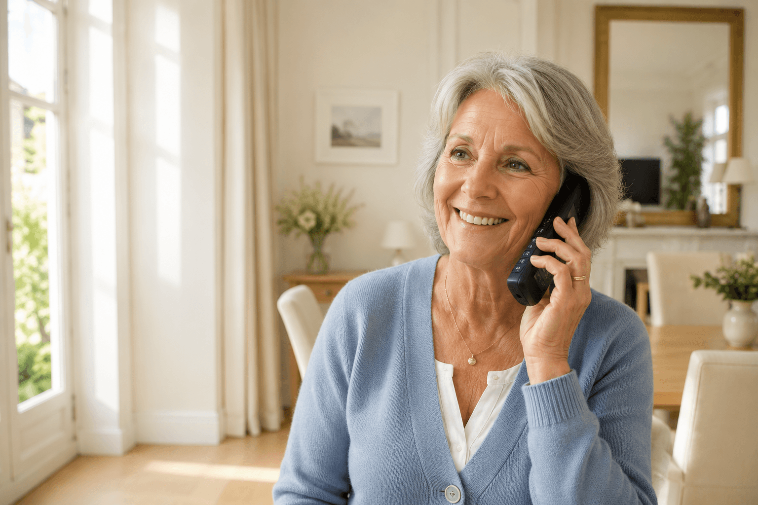 Femme souriante en conversation sur son téléphone fixe BleuFix, chez elle