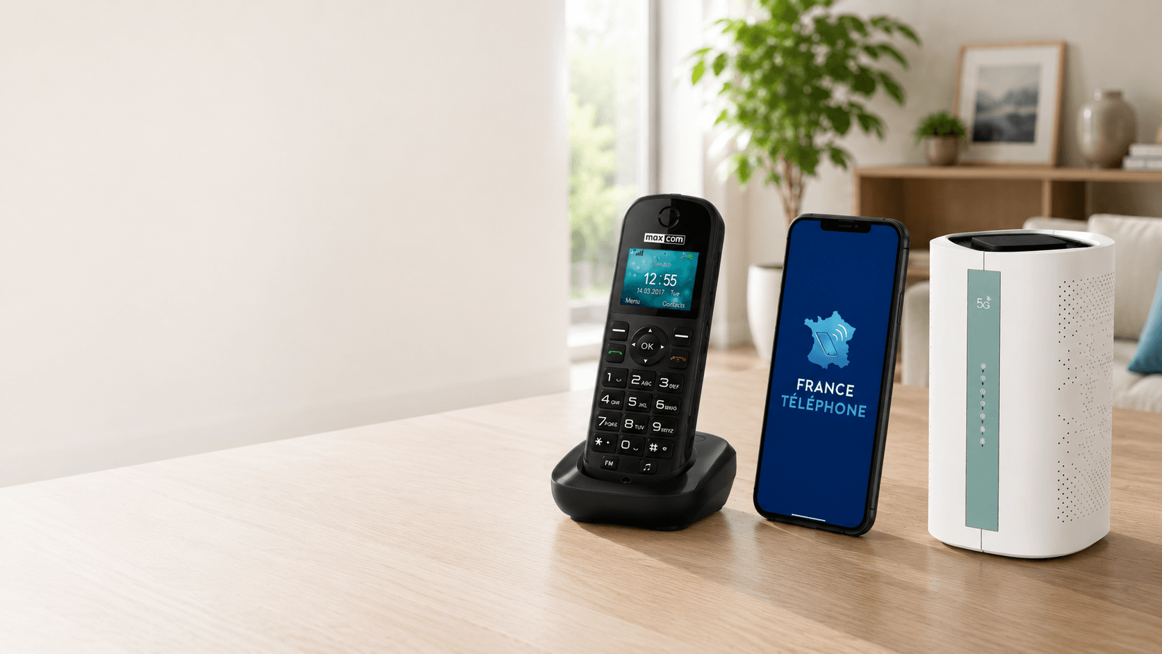 Téléphone fixe, smartphone et box internet France Téléphone réunis sur une table
