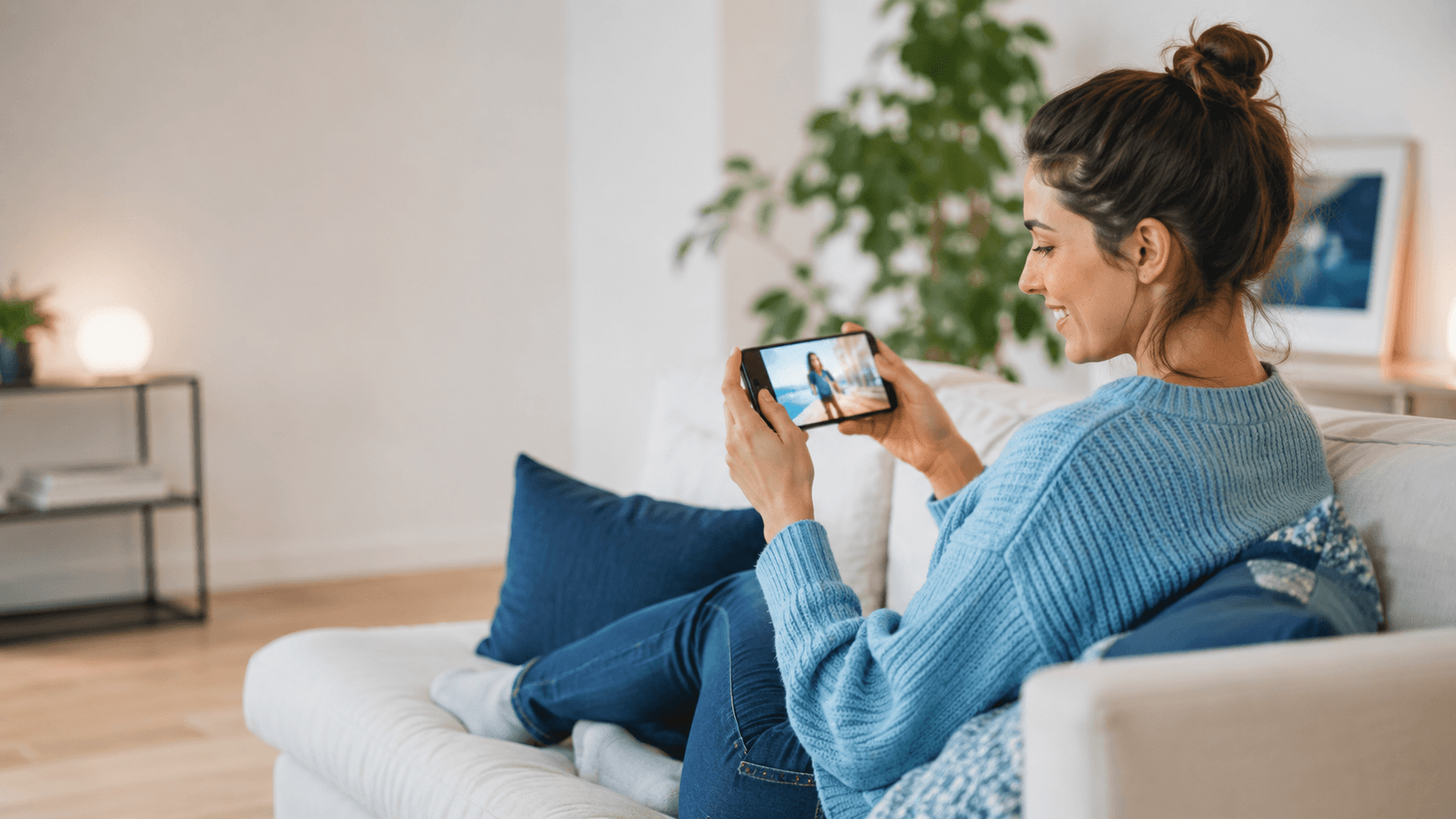 Femme détendue sur son canapé regardant une vidéo en streaming sur son smartphone