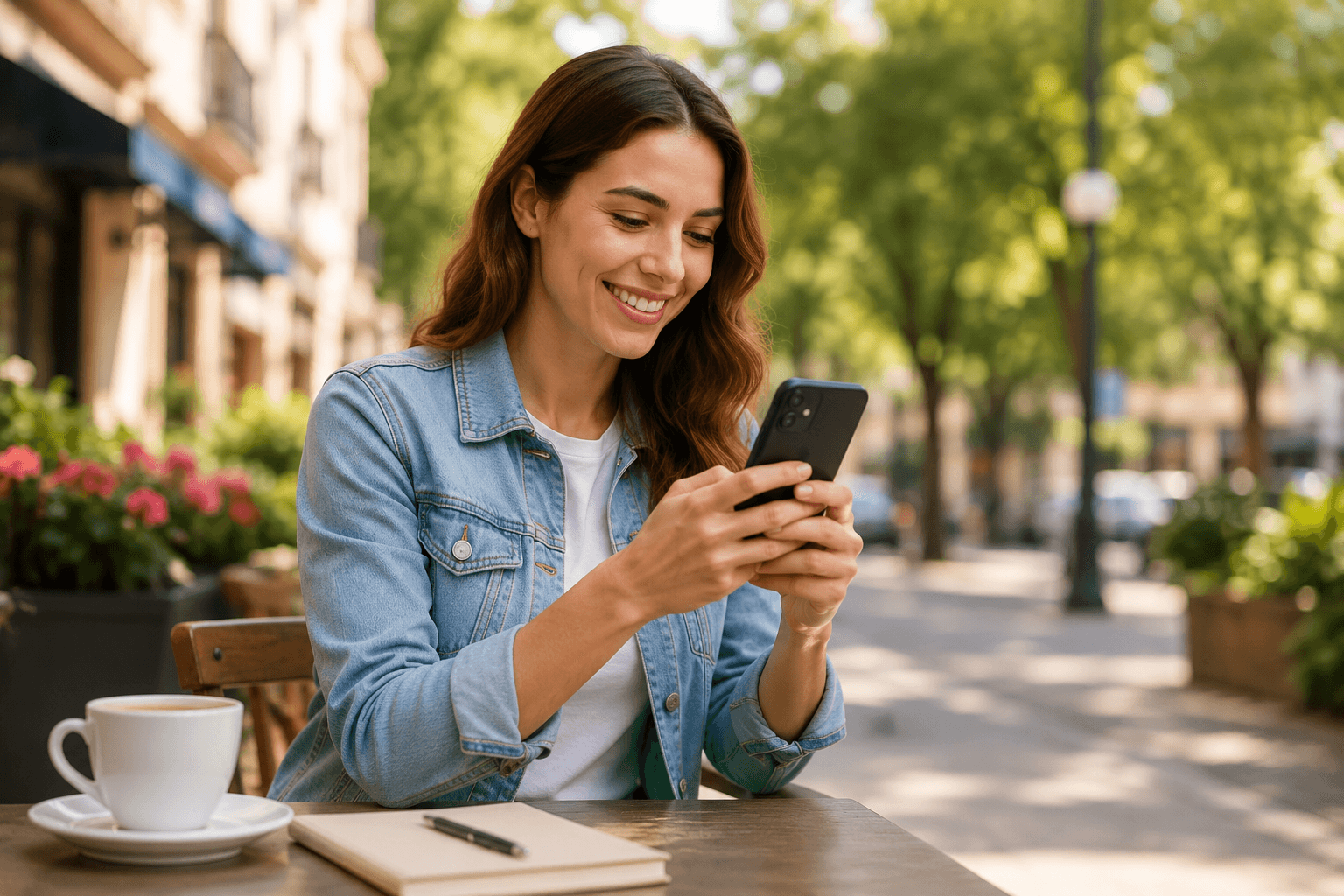 Femme souriante consultant son mobile à la terrasse d’un café