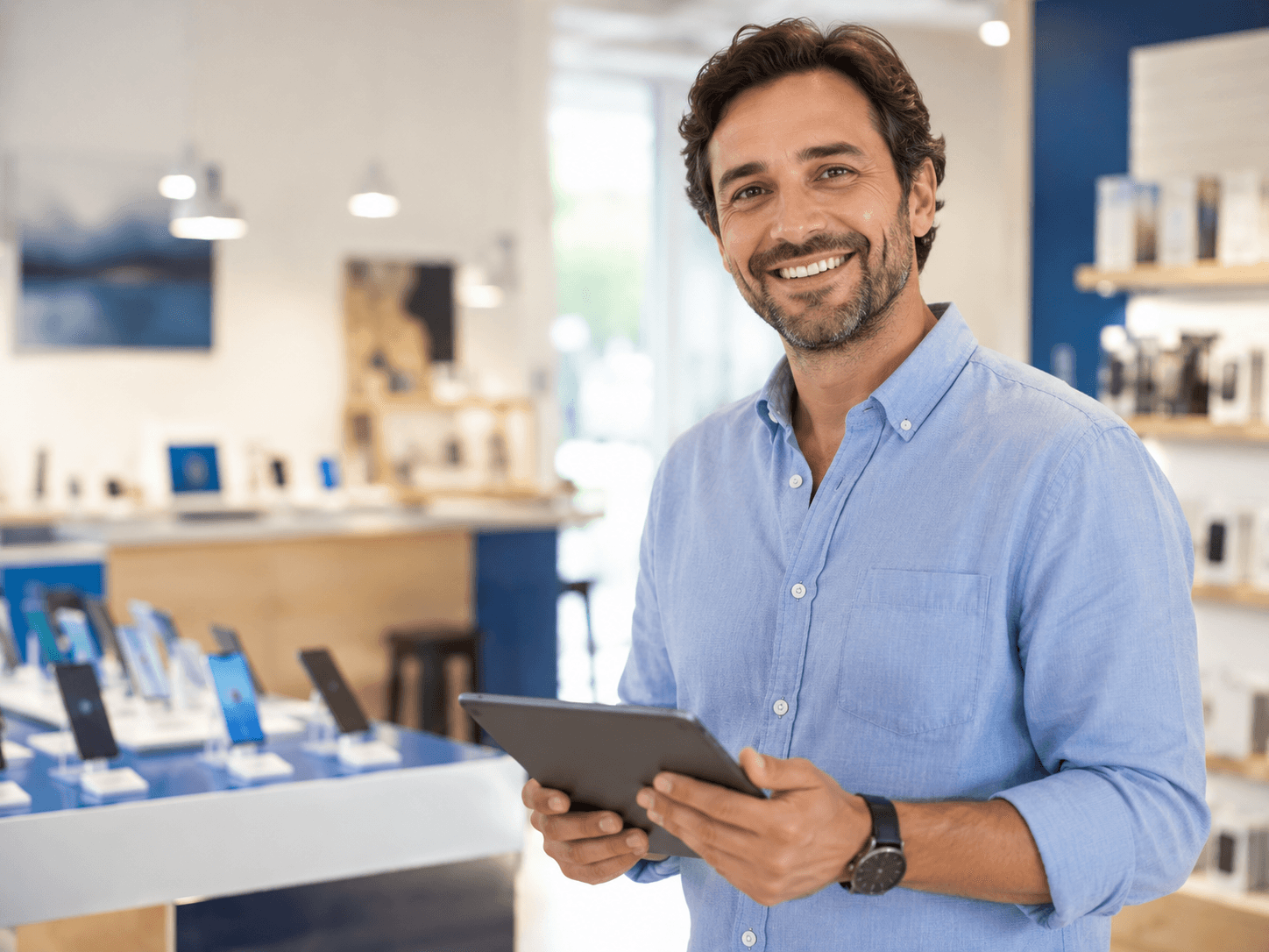 Un professionnel accueille ses clients dans son point de vente